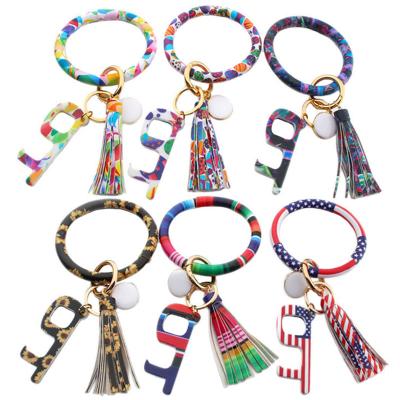 China Religious Leather Wristband Bracelet PU O Keychain Religious Leather Wristband Acrylic Tassel Door Opener Leopard Print Tassels Key Chain Pendant Non-contact Keychain for sale