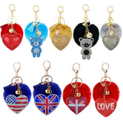 China FDSSN Have Hot Sale New Fashion RTS 10000 Styles Keychains Designs Keychains Crystal Cute Little Bear Keychain Rhinestone Pom Pom Fluffy Ball Key Chain Bling Bag Phone Accessories for sale