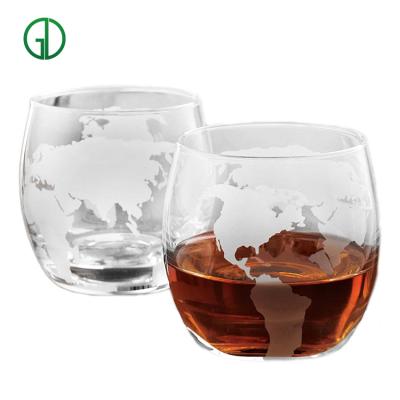 China 2021 Eco Amazon Earth Map Printing Whiskey Glass Cup Hot Selling Handmade Frosted Wine Glass for sale