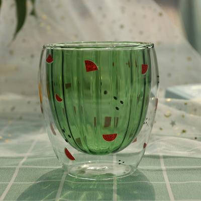 China Good Quality Sustainable Borosilicate Drinks Handmade Printing Insulated Green Glass Tea Cup for sale