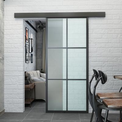 China Swing Doors Steel Black Metal Framed Door Solid Wood Glass Panel with Sliding Glass Door Hardware Kit for sale