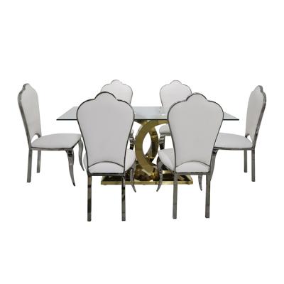 China Dining Room Furniture Glass Dining Table Set Stainless Steel Designs Tempered Glass Top Dining Table and 6 Set Chairs for sale