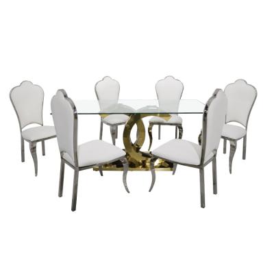 China Customized Modern Living Room Furniture Industrial Luxury Glass Dining Table Chrome Finished Gold Metal Leg Glass Top Dining Table Set for sale