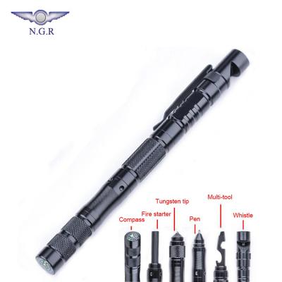 China Listing New Multifunctional 9 in 1 Tactical Pen with Whistle Fire Starter Mulit Tool Compass and Tungsten Steel Tip for Outdoor Survival for sale