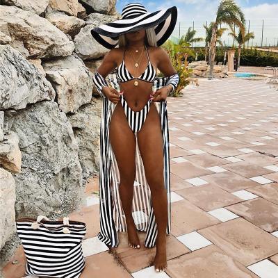 China Print Tie Detail Bikini Slit Anti-UV Skirt Set Three Piece Swimsuit With Cover Up for sale