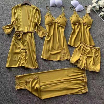 China New arrivals high quality QUICK DRY satin women's sexy pajamas set 5 piece sleepwear silk long robe sets for women for sale