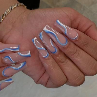 China Easy apply. 2021 Popular Popular Fake Nails Full Cover Blue Waves French Ballet Luxury Nails Press On Nails Design for sale