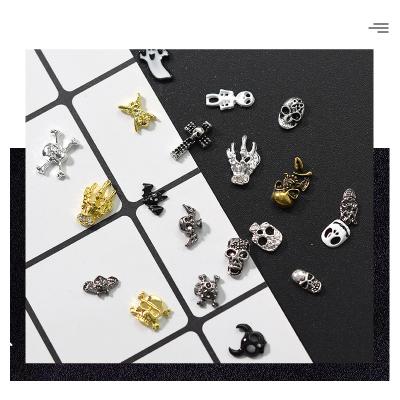 China Fashionable Hot Selling Hallow Cross Metal Gem With Diamond Nail Art Decorations Gold Black Alloy Skull Pumpkin Nail for sale