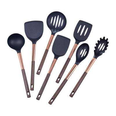 China 7 Pcs Viable Professional Non-Stick Nylon Spatula Set Rose Gold Nylon Kitchen Utensils With Wooden Handle for sale