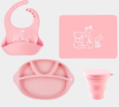 China Silicone Sustainable Baby Feeding Set Self Eating Utensils Set With Bibs/Mat/Folding Cup Serving Dish Dishwasher-Safe Infant Eating Kit for sale