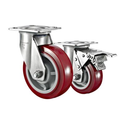 China High Abrasion Resistance Stainless Steel Material Red PU Caster Flat Free Heavy Duty Caster Wheels for sale