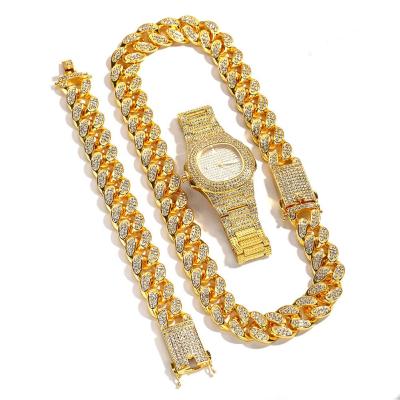 China Hiphop Necklace Cuban Chain Bracelet, Watch Jewelry Set Iced Out Hip Hop Jewelry For Men for sale