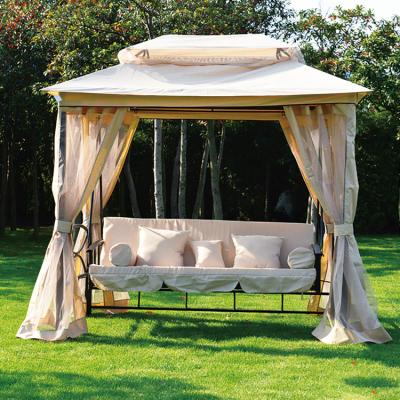 China Super Comfortable Custom Luxury Three Seat Outdoor Garden Gazebo Swing Chair Bed with Top Canopy and Mosquito Net for sale