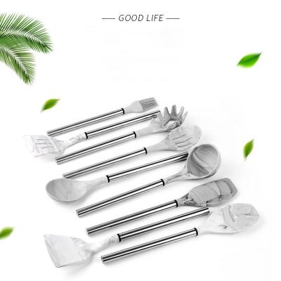 China 2021 Sustainable Hot Selling Marbling Stainless Steel Silica Gel Kitchen Utensils 11 Set Kitchen Cookware for sale