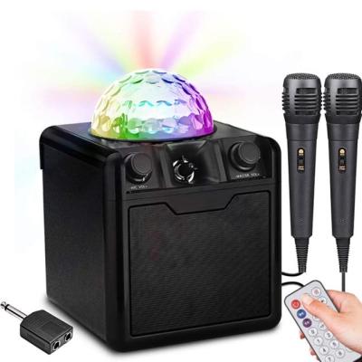 China ABS+Wood+Metal Mesh Karaoke Machine with Microphone Karaoke Microphone Wireless BT Speaker with LED Disco Lights Auxin for Kids for sale