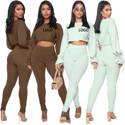 China Anti-pilling Two Piece Set Women Knitted Rib Tie Long Flared Sleeves Crop Tops Lounge Wear Sets Women Elastic Slim Pants Cotton Tracksuit for sale