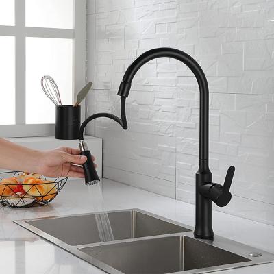 China Thermostatic Faucets Stainless Steel Pull Down Spray High-Arc Kitchen Faucet Black Water Tap Hot and Cold Sink Tap with G1/2 60 cm Hoses for sale