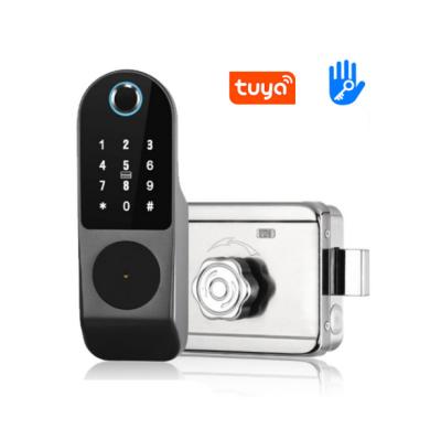 China Tuya Aluminum Alloy Smart Card Password Fingerprint Lock Intercom Wifi Rim Electric Doorlock 12V for sale