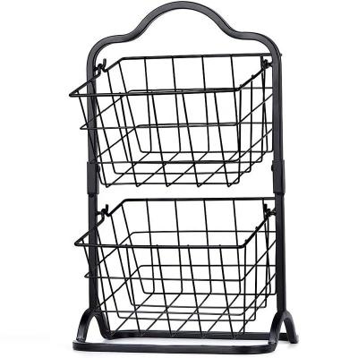 China Sustainable 2 Tier Black Iron Fruit basket Bowl Stand For Fruits Vegetables Eggs Snacks Hanging Storage Basket for sale