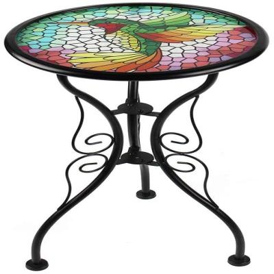 China Modern Side Table Hummingbird Bench Small Patio Round Printed Glass Table for Garden Yard or Lawn for sale