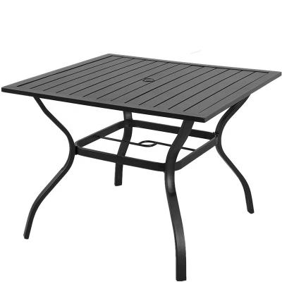 China Adjustable (height) Black Metal Side Table Outdoor Dining Table Square Patio Furniture Table with Umbrella Hole for sale