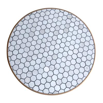 China TONGYU Restaurant 700mm Modern European Round Metal Edge White Hexagon Marble Mosaic Table Top for sale