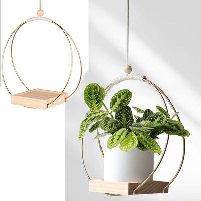 China New Modern Creative Flower Pot Wreath Iron Ring Wreath Wall Hanging Wooden Flower Pot Home Decoration for sale