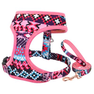 China 2021 New Breathable Fancy Luxury Cotton Polyester Padded Geometric Dog Harness & Metal Hook Dog Leash Set for sale