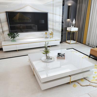 China Modern New Design Living Room TV Stand Luxury Adjustable Tempered Glass Coffee Table TV Cabinet CETS003(Size) for sale