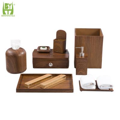 China Resin Hotel Amenities Organizer Set Toilet Brush Holder Soap Dish Lotion Corian Wooden Retro Sustainable Wooden Bathroom Set for sale