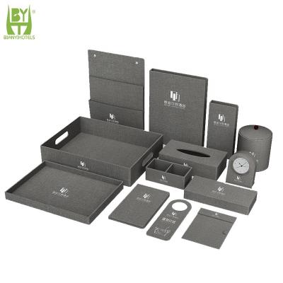 China Luxury Custom Logo Hotel Room Organizer Gray Hotel Leather Products Amenities Supplies Set for sale