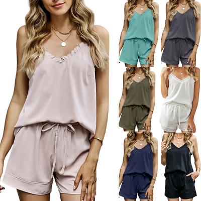 China Breathable Summer Camisole Top and Shorts Cotton Adjustable Spaghetti-Straps Short Ruffled Cuffs Cami Pajama Set for sale