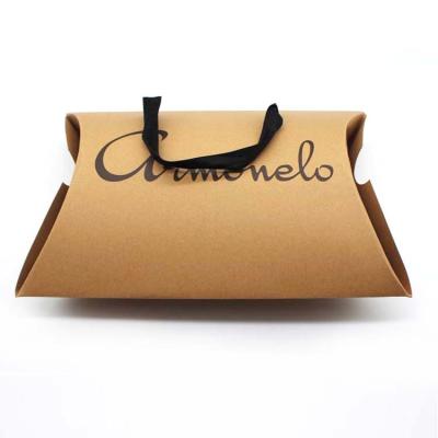 China Recycled Materials Dark Brown Logo Printed Pillow Box Luxury Glossy Box For Soap Packaging With Cotton Rope Handle for sale