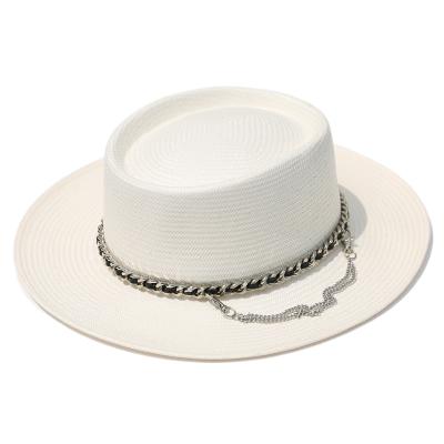 China Wholesale Flat Fashion Character Fashion Spring Chain and Brim Summer Women's Waxed Paper Straw Hat Bowler Hat for sale