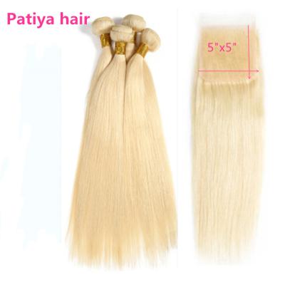 China Patiya Hair Online Store 613 Straight Blonde Brazilian Virgin Hair Weave Bundles With Blonde 5x5 Lace Closure for sale