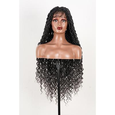 China Ring-X Hair Wavy Faux Locs Braided Wig 13X4 Synthetic Lace Frontal Wigs with Goddess Locs Crochet Hair 32'' Braid Wig for Black Women for sale