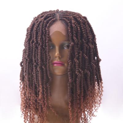 China Kinky Curl 20inch brown color faux locs crochet afro kinky curly dreadlock passion twist braided front lace synthetic hair wig for women for sale