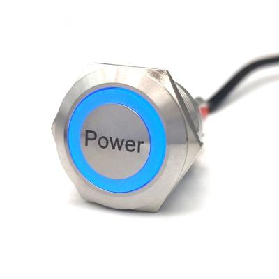 China 304 Stainless Steel Wateroproof 22mm Stainless Steel Laser Lettering LOGO OEM Led Power Switches With 220V RING Light Blue for sale