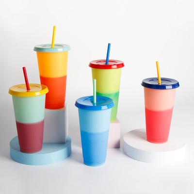 China Reusable Color Changing Tumbler Summer Collection 24oz Viable Clear Kids Plastic Cold Cups With Lids And Straws For Party for sale