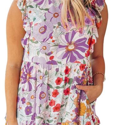 China Wholesale Breathable Floral Print Dresses Woman Tiered Summer Casual Dresses Floral Ruffle Sleeve Casual Dress Women for sale