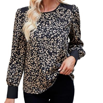 China Hot Selling Breathable Leopard Print Shoulder Splicing Long Sleeve Round Neck Girls Blouses And Shirts for sale