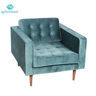 China Commercial Grade Modern Living Room Furniture Adorned Velvet Armchair Sofa Chair With Wood Legs for sale