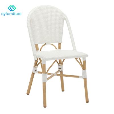 China Eco-friendly\UV Resistant\Water Proof\Weather Resistant Stackable French White Rattan Cafe Outdoor Restaurant Dining Chairs With Aluminum Frame for sale