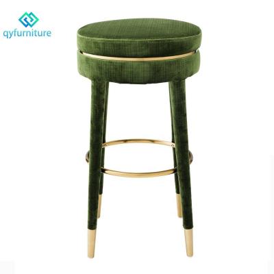 China Modern Club Furniture Green Fabric Counter Height Bar Stools With Brass Legs for sale