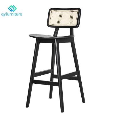 China Modern Natural Rattan Backrest Furniture Mid Century Solid Wood Frame Bar Stools High for sale