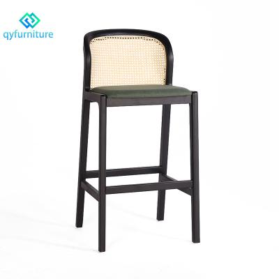 China Mid Century Modern Furniture Black Solid Wood Frame Bar Stool High Chair With Rattan Backrest for sale