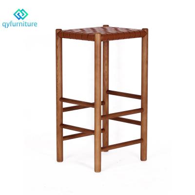 China Mid Century Modern Restaurant Furniture Solid Wood Frame Leather Woven Bar Stools for sale