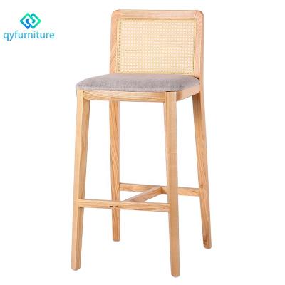 China Modern Design Regular Solid Wood Natural Frame Rattan Bar Chairs Stool With Padded Seat for sale