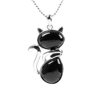 China TRENDY Natural Girl Cat Shape Rock Black Onyx Cute Stone Rose Quartz Pendant Women Women Beads Jewelry Chain Necklace for sale