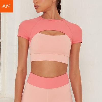 China Pink Yoga Crop Breathable Custom Attractive Gym Sports Bra Women Splicing Crop Top for sale